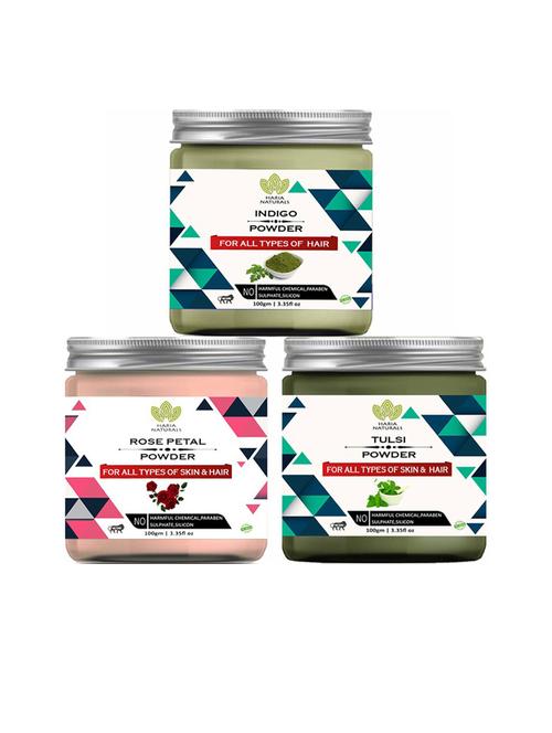 100% pure & naturals indigo powder 100gm & rose petal powder 100gm & tulsi powder 100gm (pack of 3) 300gm - 18636266 - Very Small Image - 1