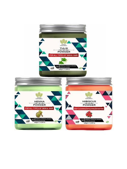 100% pure & naturals tulsi powder 100gm & henna powder 100gm & hibiscus powder 100gm (pack of 3) 300gm - 18636270 - Very Small Image - 1