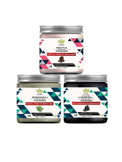 100% pure & naturals reetha powder 100gm & bhringraj powder 100gm & charcoal powder 100gm (pack of 3) 300gm - 18636276 - Very Small Image - 1