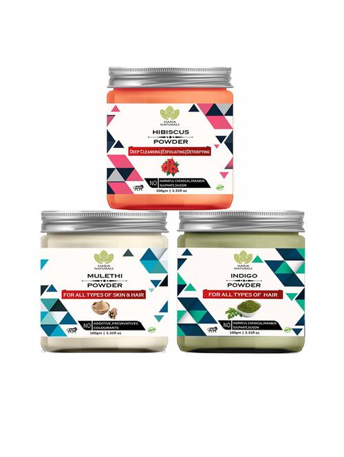 100% pure & naturals hibiscus powder 100gm & mulethi powder 100gm & indigo powder 100gm (pack of 3) 300gm - 18636280 - Very Small Image - 1