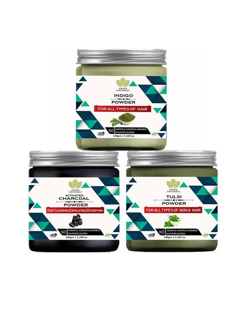 100% pure & naturals indigo powder 100gm & charcoal powder 100gm & tulsi powder 100gm (pack of 3) 300gm - 18636284 - Very Small Image - 1