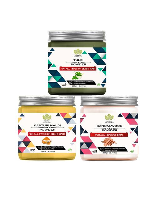 100% pure & naturals tulsi powder 100gm & kasturi haldi powder 100gm & sandalwood powder 100gm (pack of 3) 300gm - 18636286 - Very Small Image - 1