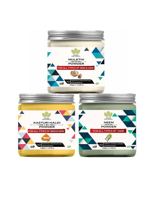 100% pure & naturals mulethi powder 100gm & kasturi haldi powder 100gm & neem powder 100gm (pack of 3) 300gm - 18636287 - Very Small Image - 1