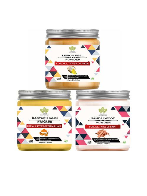100% pure & naturals lemon peel powder 100gm & kasturi haldi powder 100gm & sandalwood powder 100gm (pack of 3) 300gm - 18636290 - Very Small Image - 1