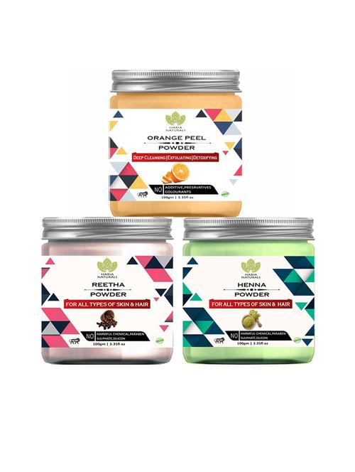 100% pure & naturals orange peel powder 100gm & reetha powder 100gm & henna powder 100gm (pack of 3) 300gm - 18636299 - Very Small Image - 1