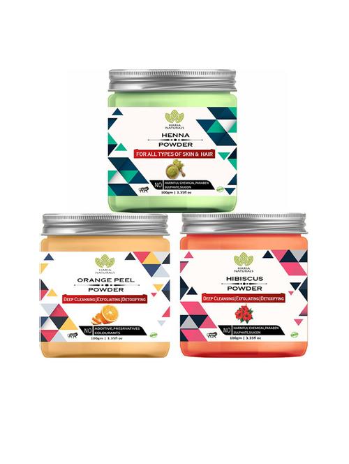 100% pure & naturals henna powder 100gm & orange peel powder 100gm & hibiscus powder 100gm (pack of 3) 300gm - 18636304 - Very Small Image - 1
