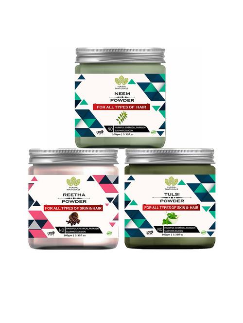 100% pure & naturals neem powder 100gm & reetha powder 100gm & tulsi powder 100gm (pack of 3) 300gm - 18636308 - Very Small Image - 1