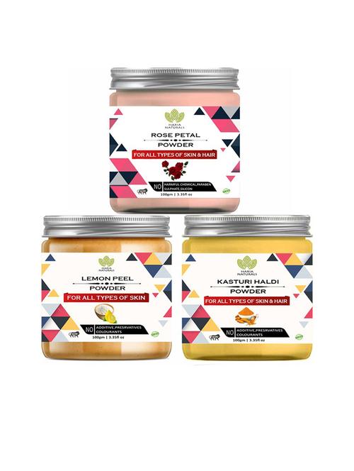 100% pure & naturals rose petal powder 100gm & lemon peel powder 100gm & kasturi haldi powder 100gm (pack of 3) 300gm - 18636326 - Very Small Image - 1