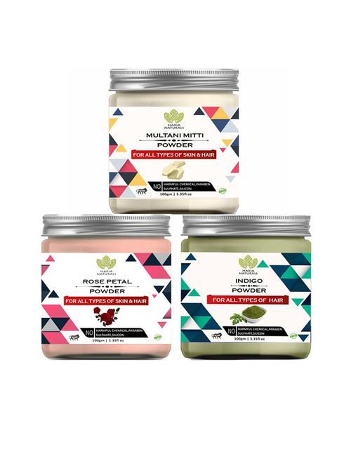 100% pure & naturals multani mitti powder 100gm & rose petal powder 100gm & indigo powder 100gm (pack of 3) 300gm - 18636327 - Very Small Image - 1