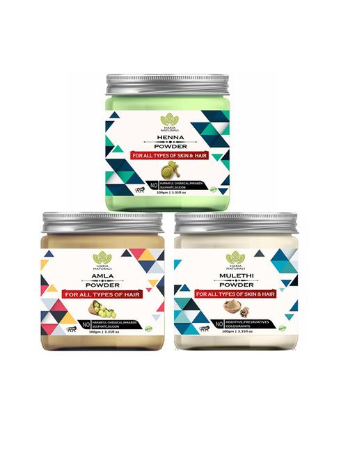 100% pure & naturals henna powder 100gm & amla powder 100gm & mulethi powder 100gm (pack of 3) 300gm - 18636367 - Very Small Image - 1