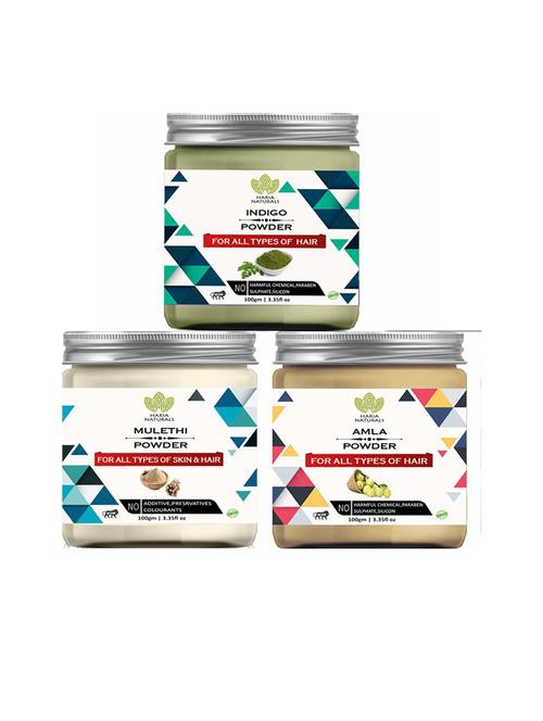 100% pure & naturals indigo powder 100gm & mulethi powder 100gm & amla powder 100gm (pack of 3) 300gm - 18636391 - Very Small Image - 1