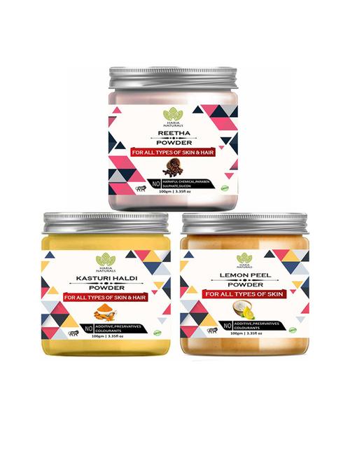 100% pure & naturals reetha powder 100gm & kasturi haldi powder 100gm & lemon peel powder 100gm (pack of 3) 300gm - 18636405 - Very Small Image - 1