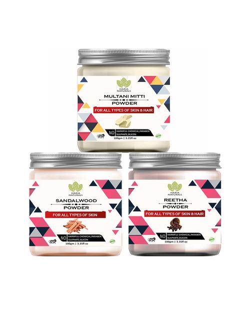 100% pure & naturals multani mitti powder 100gm & sandalwood powder 100gm & reetha powder 100gm (pack of 3) 300gm - 18636409 - Very Small Image - 1