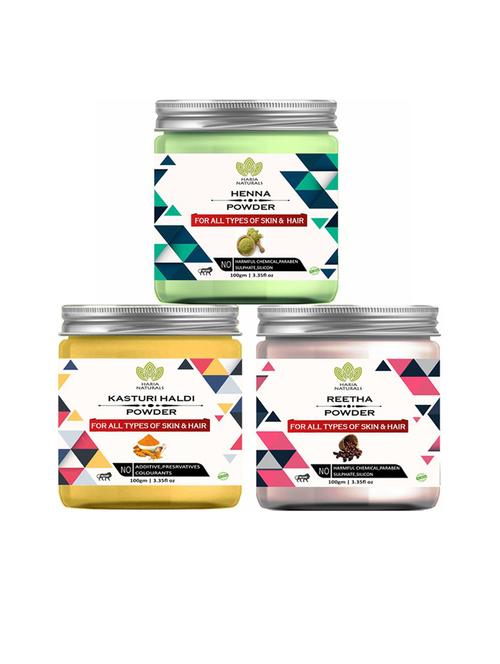 100% pure & naturals henna powder 100gm & kasturi haldi powder 100gm & reetha powder 100gm (pack of 3) 300gm - 18636488 - Very Small Image - 1