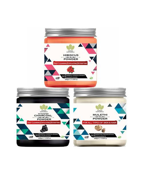 100% pure & naturals hibiscus powder 100gm & charcoal powder 100gm & mulethi powder 100gm (pack of 3) 300gm - 18636507 - Very Small Image - 1