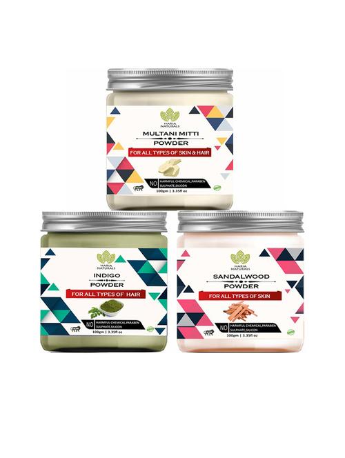 100% pure & naturals multani mitti powder 100gm & indigo powder 100gm & sandalwood powder 100gm (pack of 3) 300gm - 18636513 - Very Small Image - 1