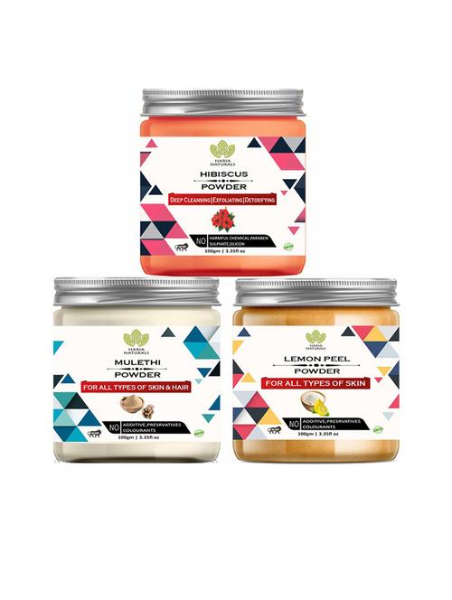 100% pure & naturals hibiscus powder 100gm & mulethi powder 100gm & lemon peel powder 100gm (pack of 3) 300gm - 18636514 - Very Small Image - 1