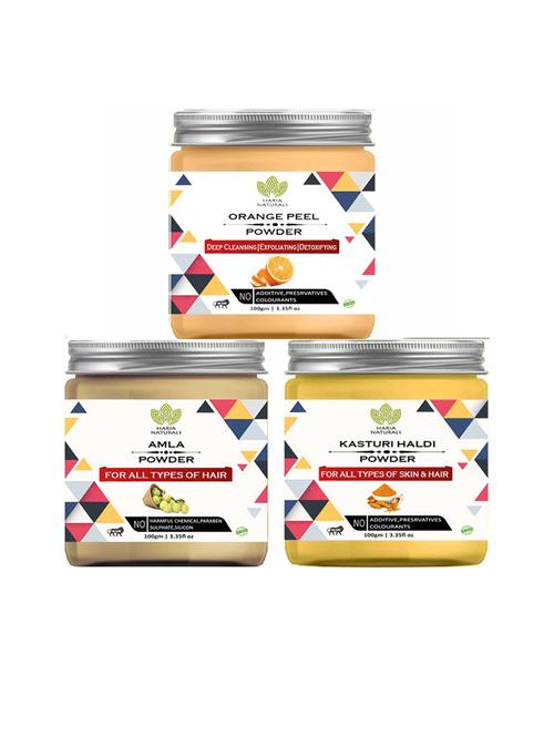 100% pure & naturals orange peel powder 100gm & amla powder 100gm & kasturi haldi powder 100gm (pack of 3) 300gm - 18636516 - Very Small Image - 1