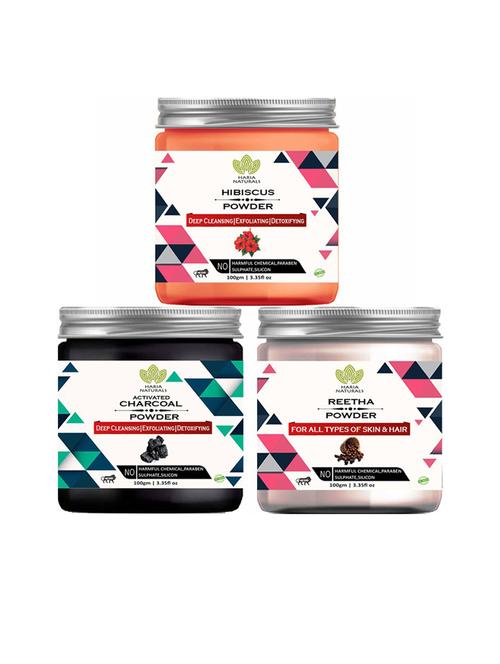 100% pure & naturals hibiscus powder 100gm & charcoal powder 100gm & reetha powder 100gm (pack of 3) 300gm - 18636521 - Very Small Image - 1