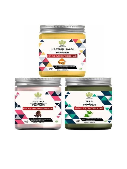 100% pure & naturals kasturi haldi powder 100gm & reetha powder 100gm & tulsi powder 100gm (pack of 3) 300gm - 18636537 - Very Small Image - 1