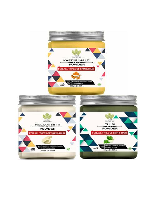 100% pure & naturals kasturi haldi powder 100gm & multani mitti powder 100gm & tulsi powder 100gm (pack of 3) 300gm - 18636538 - Very Small Image - 1