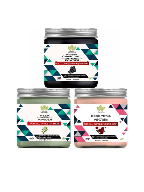 100% pure & naturals charcoal powder 100gm & neem powder 100gm & rose petal powder 100gm (pack of 3) 300gm - 18636540 - Very Small Image - 1