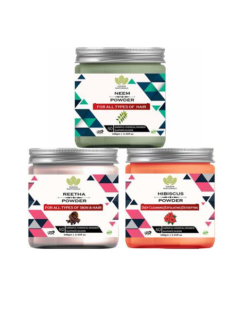 100% pure & naturals neem powder 100gm & reetha powder 100gm & hibiscus powder 100gm (pack of 3) 300gm - 18636558 - Very Small Image - 1