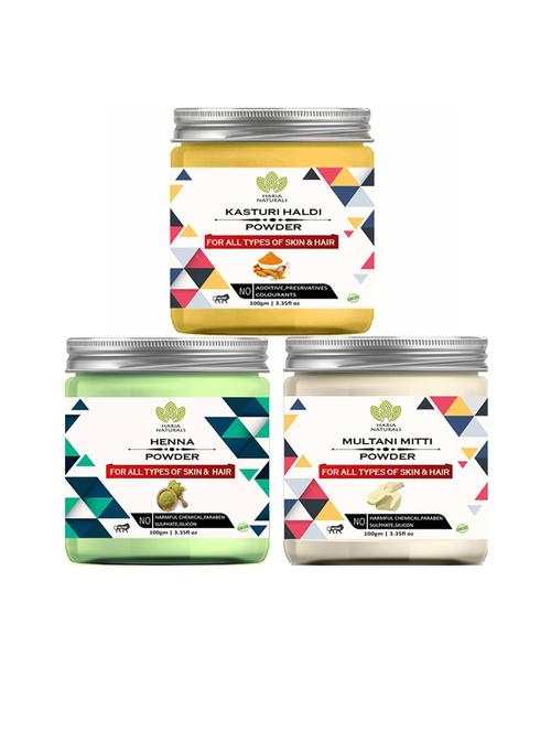 100% pure & naturals kasturi haldi powder 100gm & henna powder 100gm & multani mitti powder 100gm (pack of 3) 300gm - 18636562 - Very Small Image - 1