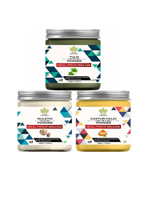 100% pure & naturals tulsi powder 100gm & mulethi powder 100gm & kasturi haldi powder 100gm (pack of 3) 300gm - 18636565 - Very Small Image - 1