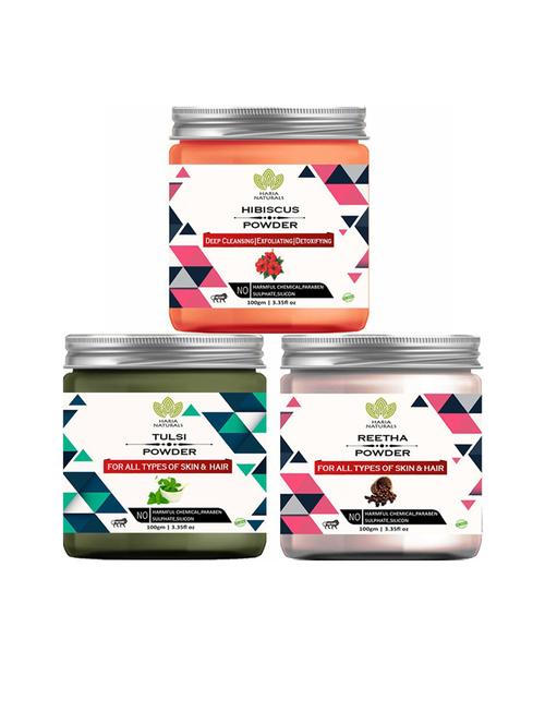 100% pure & naturals hibiscus powder 100gm & tulsi powder 100gm & reetha powder 100gm (pack of 3) 300gm - 18636575 - Very Small Image - 1