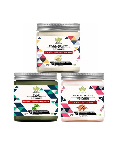 100% pure & naturals multani mitti powder 100gm & tulsi powder 100gm & sandalwood powder 100gm (pack of 3) 300gm - 18636587 - Very Small Image - 1