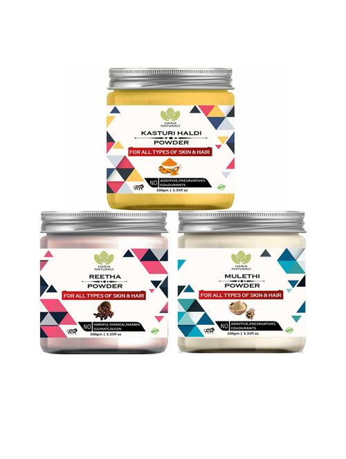 100% pure & naturals kasturi haldi powder 100gm & reetha powder 100gm & mulethi powder 100gm (pack of 3) 300gm - 18636589 - Very Small Image - 1