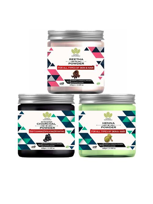 100% pure & naturals reetha powder 100gm & charcoal powder 100gm & henna powder 100gm (pack of 3) 300gm - 18636601 - Very Small Image - 1