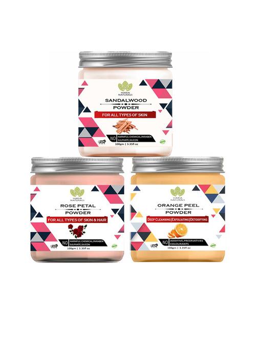 100% pure & naturals sandalwood powder 100gm & rose petal powder 100gm & orange peel powder 100gm (pack of 3) 300gm - 18636606 - Very Small Image - 1