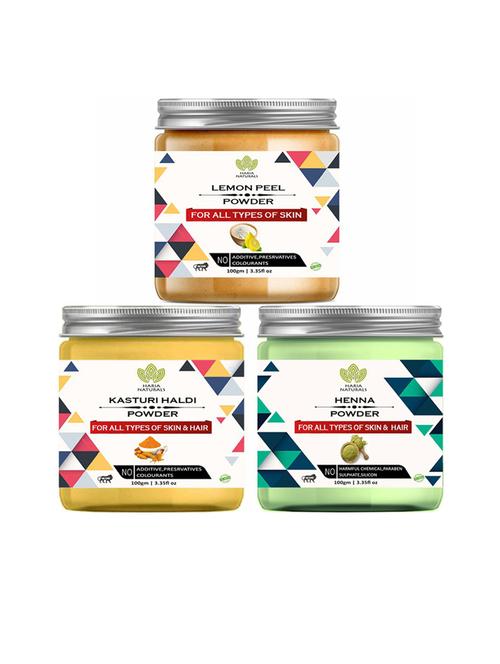 100% pure & naturals lemon peel powder 100gm & kasturi haldi powder 100gm & henna powder 100gm (pack of 3) 300gm - 18636609 - Very Small Image - 1