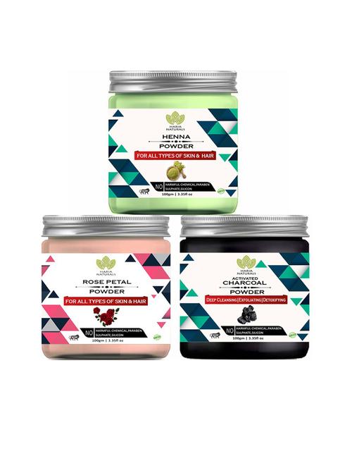 100% pure & naturals henna powder 100gm & rose petal powder 100gm & charcoal powder 100gm (pack of 3) 300gm - 18636621 - Very Small Image - 1