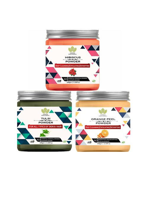 100% pure & naturals hibiscus powder 100gm & tulsi powder 100gm & orange peel powder 100gm (pack of 3) 300gm - 18636656 - Very Small Image - 1