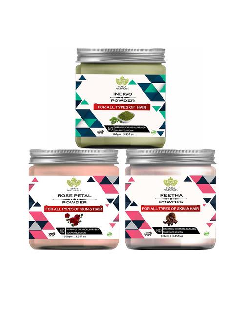 100% pure & naturals indigo powder 100gm & rose petal powder 100gm & reetha powder 100gm (pack of 3) 300gm - 18636671 - Very Small Image - 1