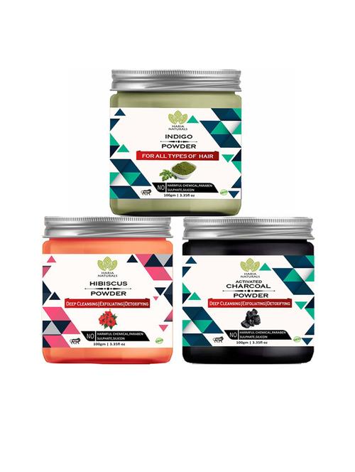 100% pure & naturals indigo powder 100gm & hibiscus powder 100gm & charcoal powder 100gm (pack of 3) 300gm - 18636672 - Very Small Image - 1