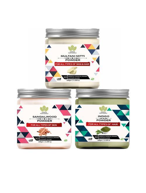 100% pure & naturals multani mitti powder 100gm & sandalwood powder 100gm & indigo powder 100gm (pack of 3) 300gm - 18636677 - Very Small Image - 1