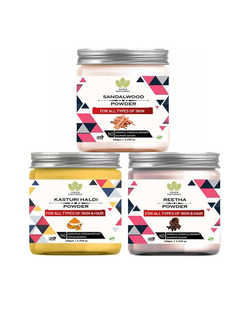 100% pure & naturals sandalwood powder 100gm & kasturi haldi powder 100gm & reetha powder 100gm (pack of 3) 300gm - 18636679 - Very Small Image - 1
