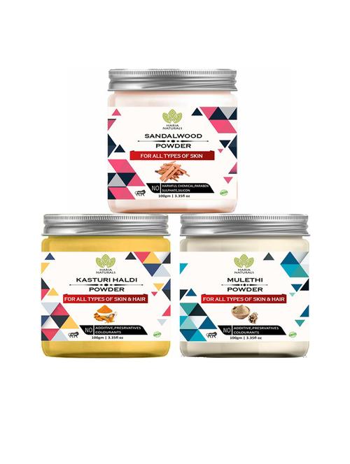 100% pure & naturals sandalwood powder 100gm & kasturi haldi powder 100gm & mulethi powder 100gm (pack of 3) 300gm - 18636682 - Very Small Image - 1