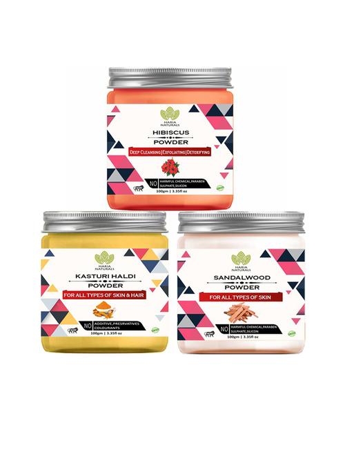 100% pure & naturals hibiscus powder 100gm & kasturi haldi powder 100gm & sandalwood powder 100gm (pack of 3) 300gm - 18636685 - Very Small Image - 1