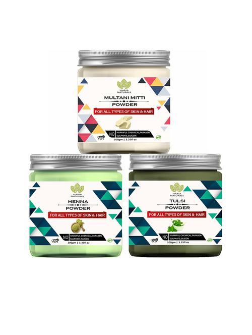 100% pure & naturals multani mitti powder 100gm & henna powder 100gm & tulsi powder 100gm (pack of 3) 300gm - 18636697 - Very Small Image - 1