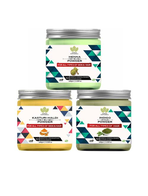 100% pure & naturals henna powder 100gm & kasturi haldi powder 100gm & indigo powder 100gm (pack of 3) 300gm - 18636702 - Very Small Image - 1