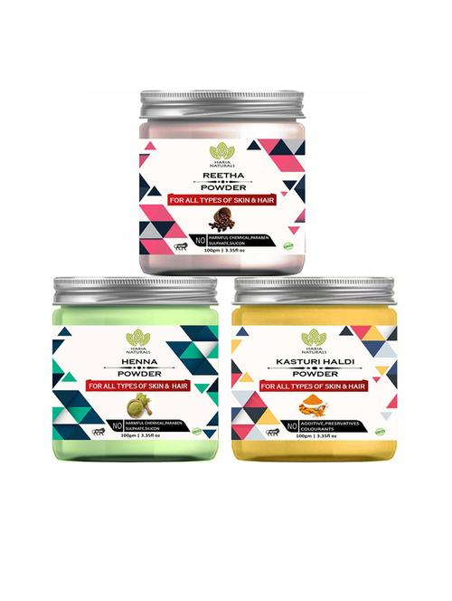 100% pure & naturals reetha powder 100gm & henna powder 100gm & kasturi haldi powder 100gm (pack of 3) 300gm - 18636716 - Very Small Image - 1
