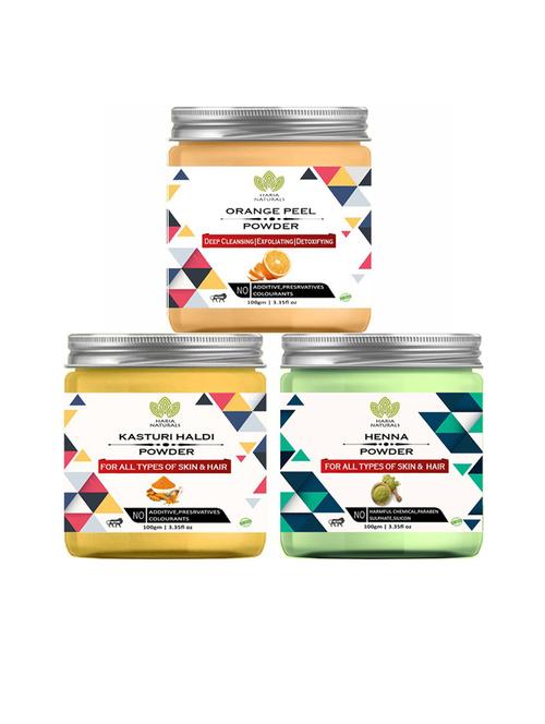 100% pure & naturals orange peel powder 100gm & kasturi haldi powder 100gm & henna powder 100gm (pack of 3) 300gm - 18636717 - Very Small Image - 1
