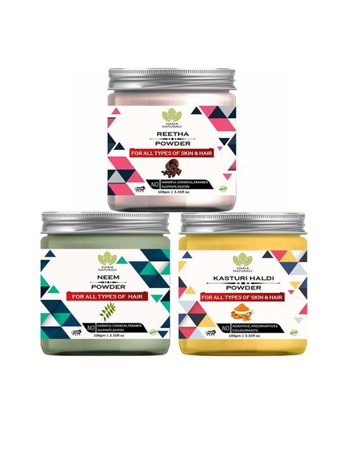 100% pure & naturals reetha powder 100gm & neem powder 100gm & kasturi haldi powder 100gm (pack of 3) 300gm - 18636720 - Very Small Image - 1