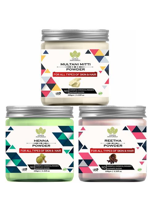 100% pure & naturals multani mitti powder 100gm & henna powder 100gm & reetha powder 100gm (pack of 3) 300gm - 18638339 - Very Small Image - 1