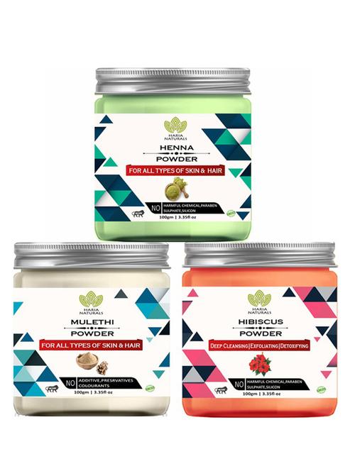 100% pure & naturals henna powder 100gm & mulethi powder 100gm & hibiscus powder 100gm (pack of 3) 300gm - 18638344 - Very Small Image - 1